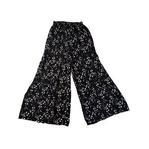 Modern Boho Cozy Love Wish Black Floral Wide Leg Palazzo Pant Crochet Trim SZ M